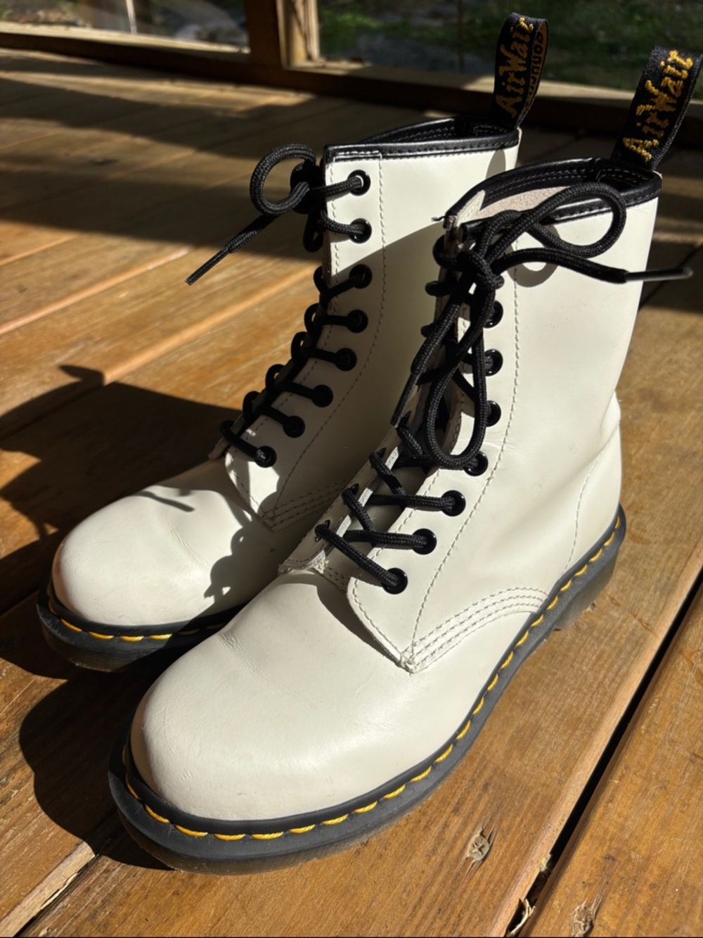 Dr. Martens White 8-Eye Lace-Up White Patent Leather Boots with Black Laces